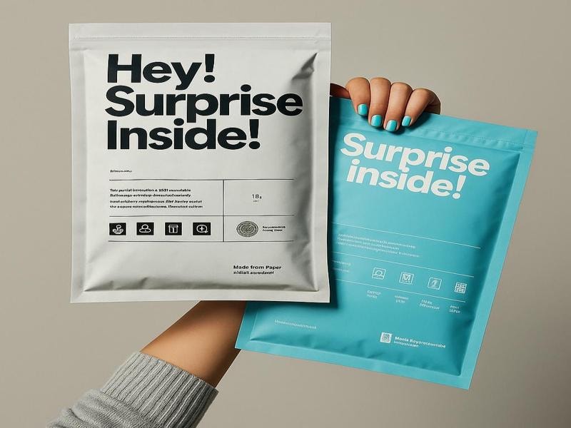 A close-up photo of someone’s hand holding two colorful plastic mail bags. The bag on the left is white with big black letters that say “Hey! Surprise Inside!” and has some small simple icons below the words.