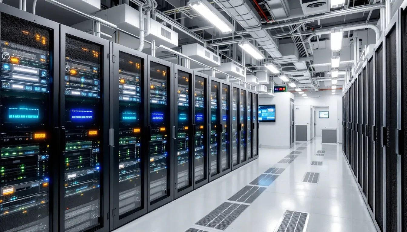 The image depicts a professional data center filled with rows of servers and networking equipment, illustrating an enterprise data infrastructure that supports data virtualization and integration solutions. This setup emphasizes the importance of data management, security, and access to multiple data sources for businesses.