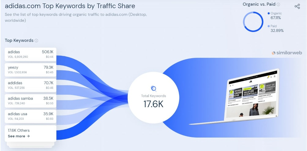 Top performing keywords detected by the Similarweb tool