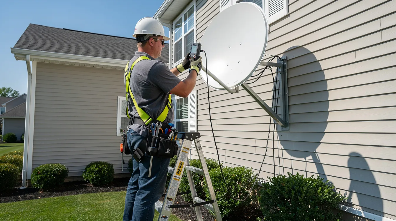 A technician is seen aligning a satellite dish on the roof of a suburban home, using a signal meter to ensure optimal connectivity for DSTV services. This installation is crucial for accessing entertainment options and managing your DSTV subscription effectively in Cape Town.