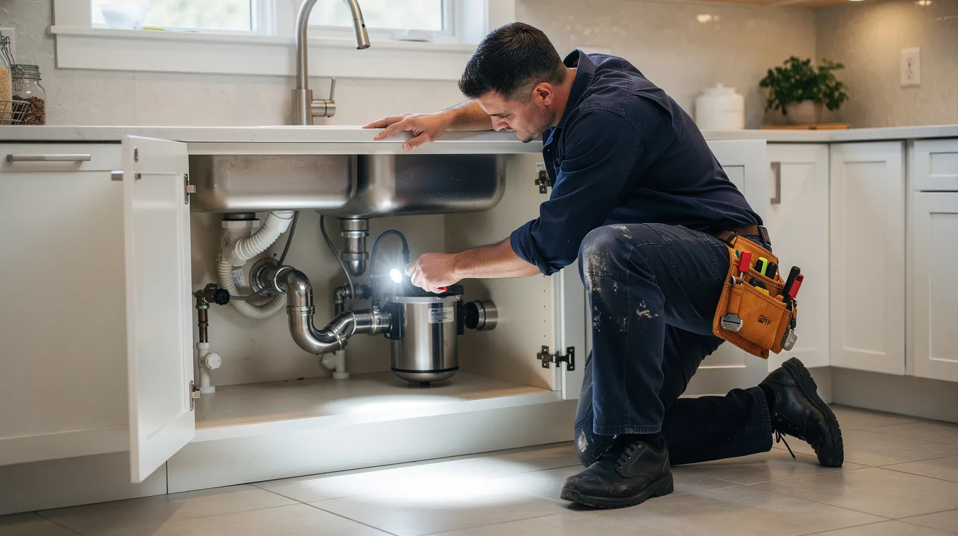 A plumber in work clothes is crouched under a kitchen sink, using a flashlight to inspect the residential pipes for any leaks or issues. This crucial inspection is part of a plumbing project that may lead to a free plumbing estimate for homeowners looking to address potential repairs.