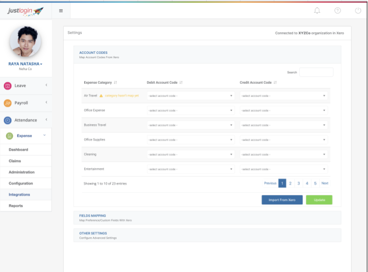 Map Accounts codes from Xero. The system maps payroll data, expense management details, accounting information and tax obligations directly to the appropriate Xero account, ensuring compliance with local regulations.