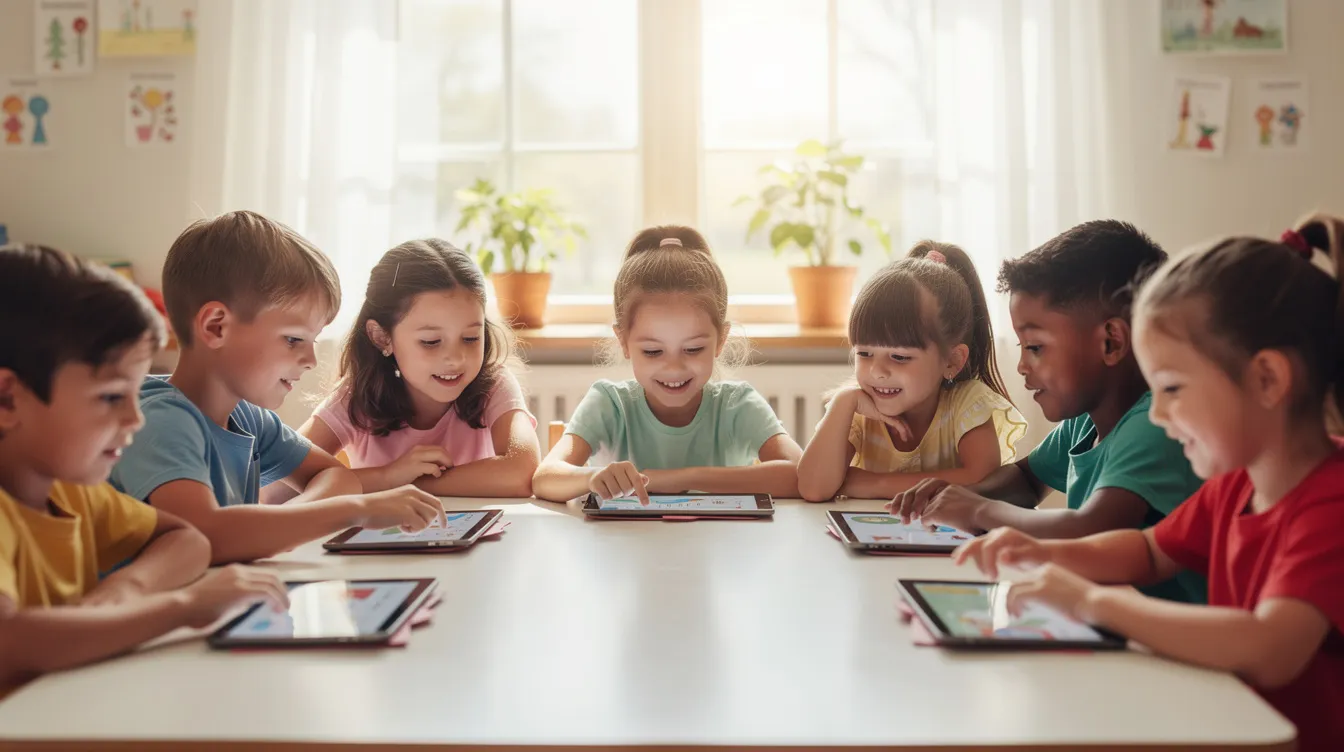 Eine Gruppe von Kindern sitzt an einem Tisch und schaut interessiert auf ihre Tablets, während sie in einem freundlichen Lernumfeld gemeinsam lernen. Die Lehrkraft unterstützt sie dabei, Informationen über die Lernplattform zu erhalten, um ihr Wissen in Deutsch als Zweitsprache zu erweitern.