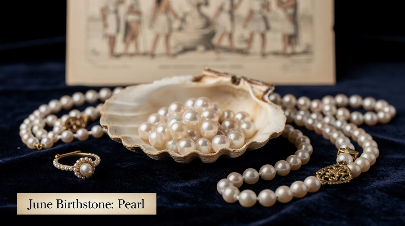 The image showcases elegant pearl jewelry, the traditional birthstone for June, displayed against a colorless background. These beautiful gemstones, formed inside living mollusks, reflect a rich history and are now accessible for everyday wear, making them a popular choice for June birthdays.