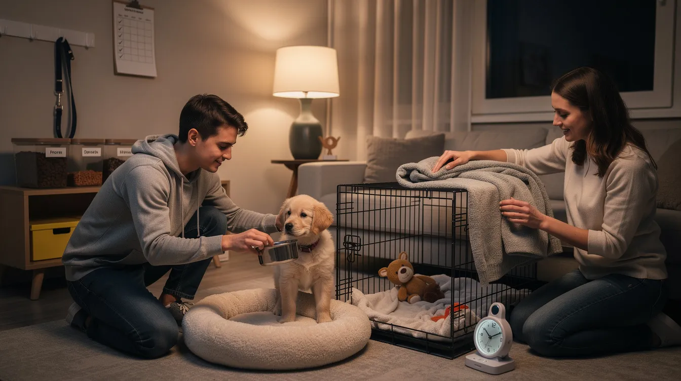 The image depicts a cozy scene of a new puppy peacefully sleeping in its crate, surrounded by soft bedding and a few toys, symbolizing its first night at home. The warm lighting and gentle ambiance create a comforting atmosphere, emphasizing the importance of a safe space for the puppy to settle in during its first few nights in a new environment.
