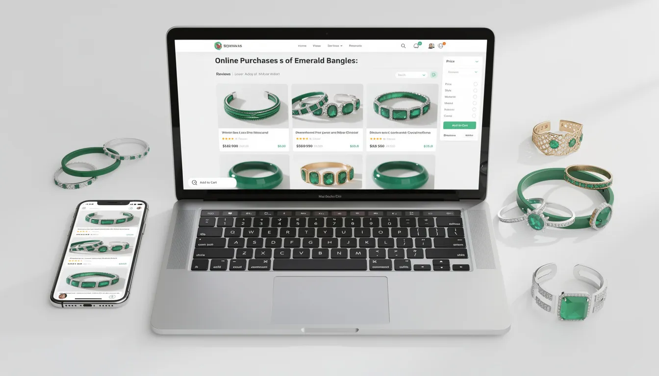 The image depicts a selection of beautifully crafted emerald bangles, showcasing their timeless elegance and delicate designs. Various styles are displayed, highlighting the vibrant green shade of the emerald stones, perfect for special occasions or everyday wear.