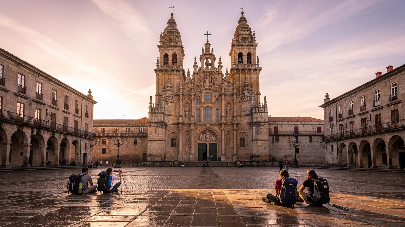 Imagem de Santiago de Compostela, uma cidade histórica na Galícia, Espanha, famosa por sua catedral e como destino de peregrinação no Caminho de Santiago. A paisagem é composta por construções antigas, ruas de pedra e uma atmosfera vibrante, repleta de turistas e habitantes locais.