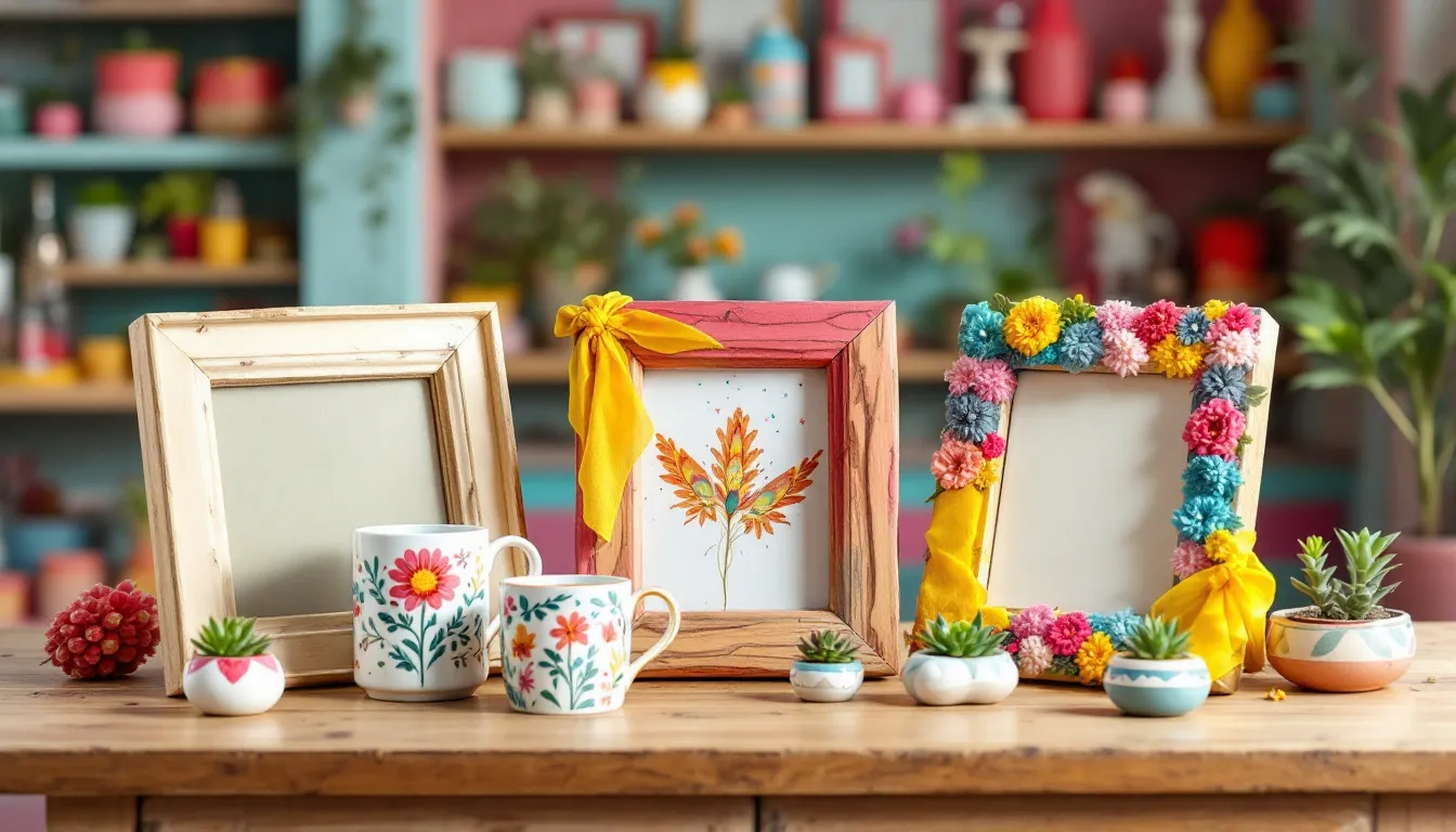Creative DIY home décor gifts, including painted ceramics and upcycled frames.