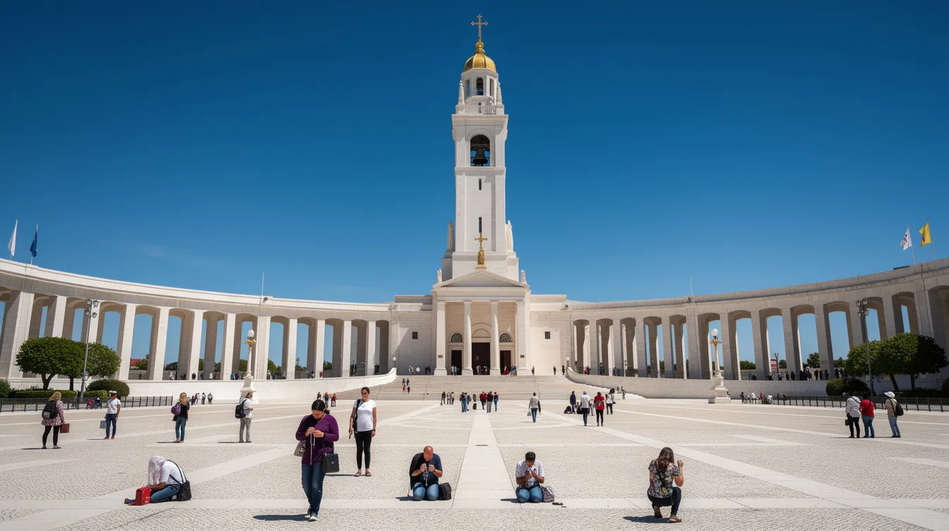 Imagem do Santuário de Fátima, em Portugal, que destaca a Basílica de Nossa Senhora do Rosário, cercada por visitantes em um ambiente de fé e devoção. Ao fundo, a Cova da Iria, local das aparições, é visível, criando um ambiente espiritual e acolhedor.