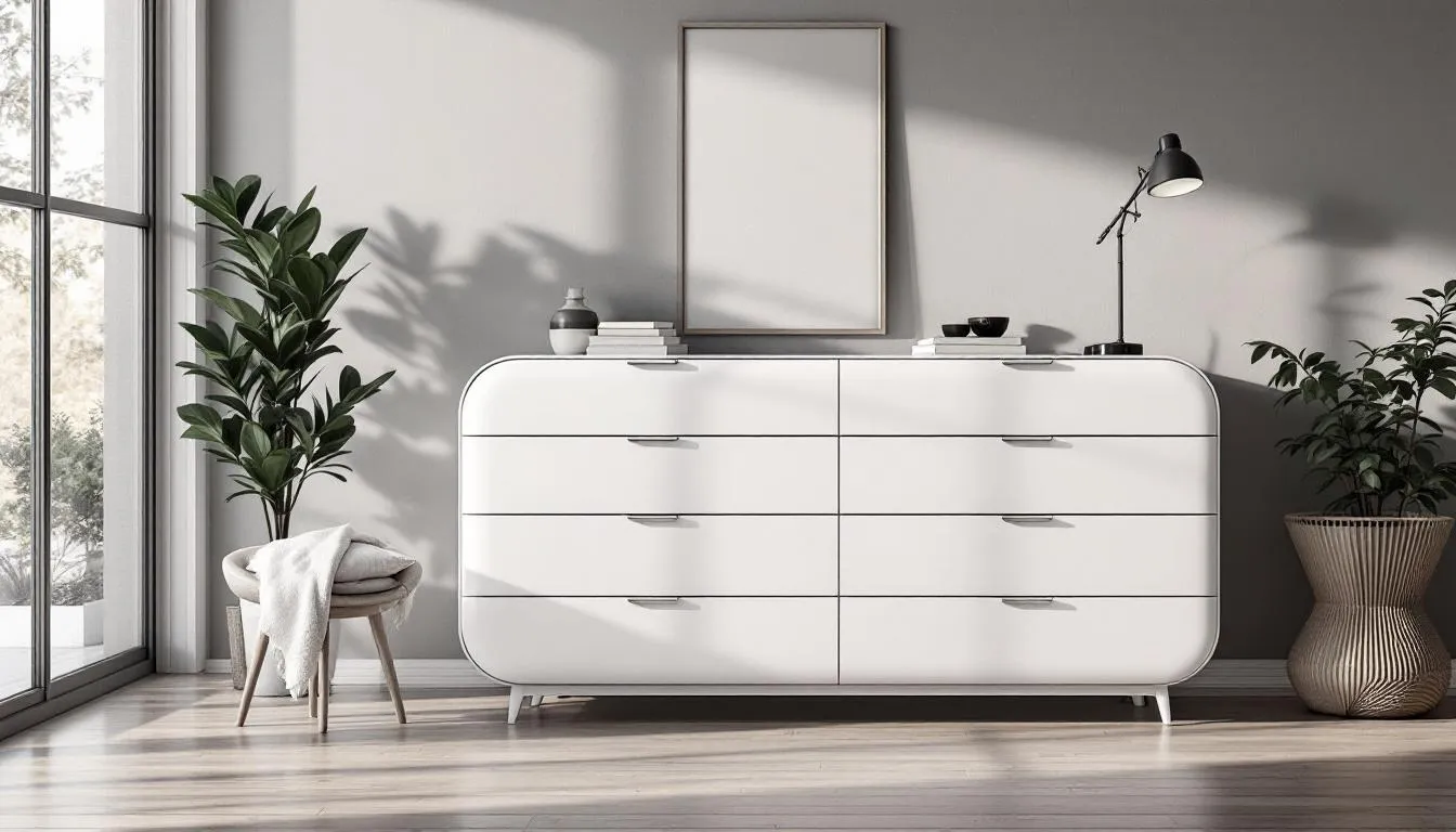 A modern white chest of drawers is positioned in a contemporary bedroom setting, providing practical storage solutions with easy access to clothing and accessories. The sleek design complements the overall decor of the room, enhancing the available space while keeping it organised and stylish.
