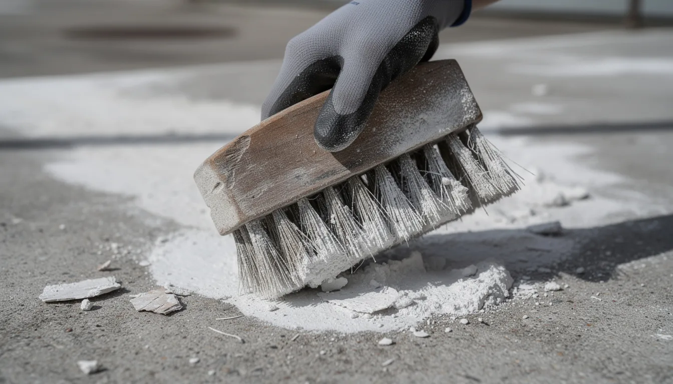A person is using a stiff brush to clean white efflorescence deposits from a concrete surface, effectively removing salt deposits that have formed due to moisture. This process helps to maintain the integrity of the building materials and prevent further efflorescence on basement walls.