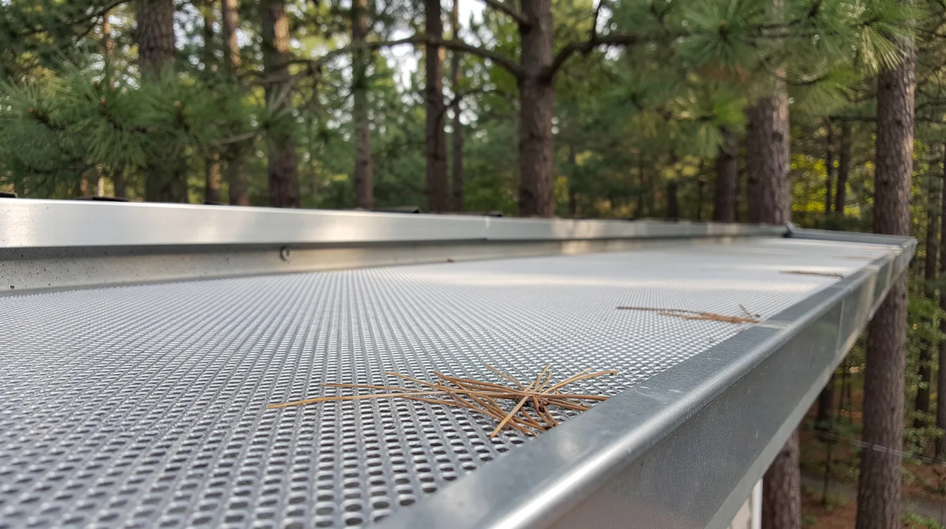 The image shows a close-up of clean metal gutter guards positioned under tall pine trees, ensuring a well-functioning gutter system that prevents debris buildup. This efficient gutter installation is crucial for maintaining residential homes and protecting them from potential water damage.