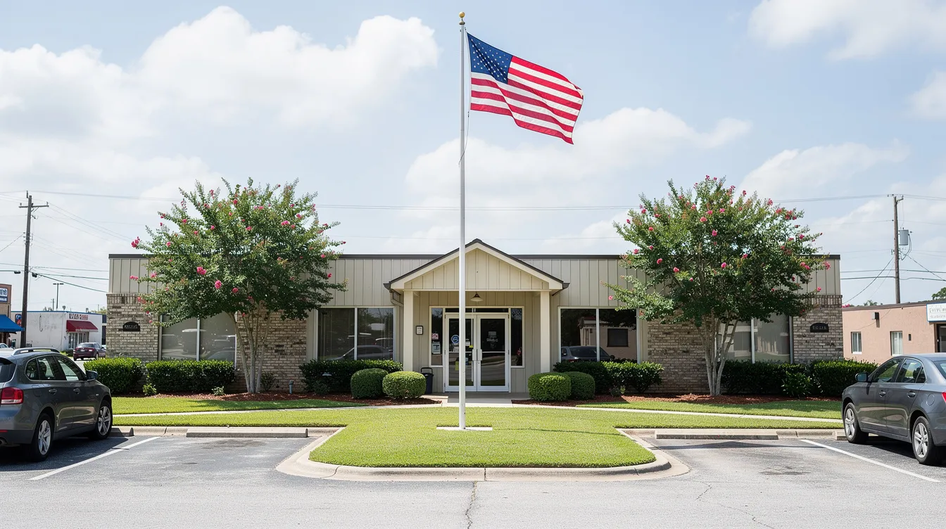 The image depicts a small-town office building in Louisiana, featuring an American flag and well-maintained green landscaping. This local social security office may assist individuals with social security disability claims and provide information on disability benefits and the application process.