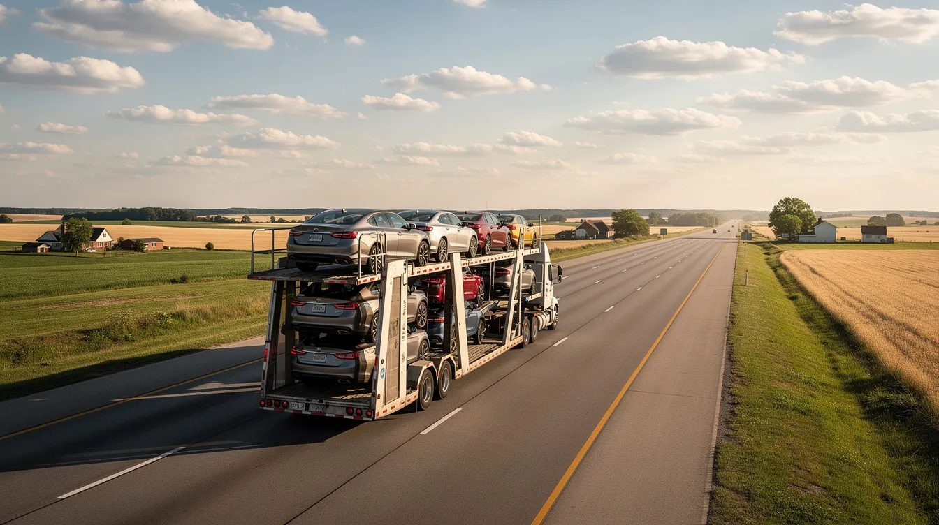 A car carrier truck is seen transporting multiple vehicles along an interstate highway, surrounded by a flat Midwestern landscape typical of Indiana. This image represents the auto transport industry, showcasing reliable car shipping services for vehicle transportation across the region.
