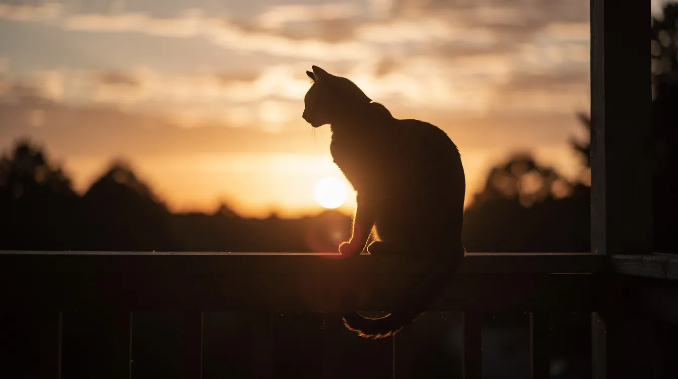 A silhouette of a stray cat is perched on a porch railing, bathed in the warm hues of a sunset. The scene captures the feline's curiosity as it watches the world around, embodying the spirit of a good person providing a safe haven for animals in need.
