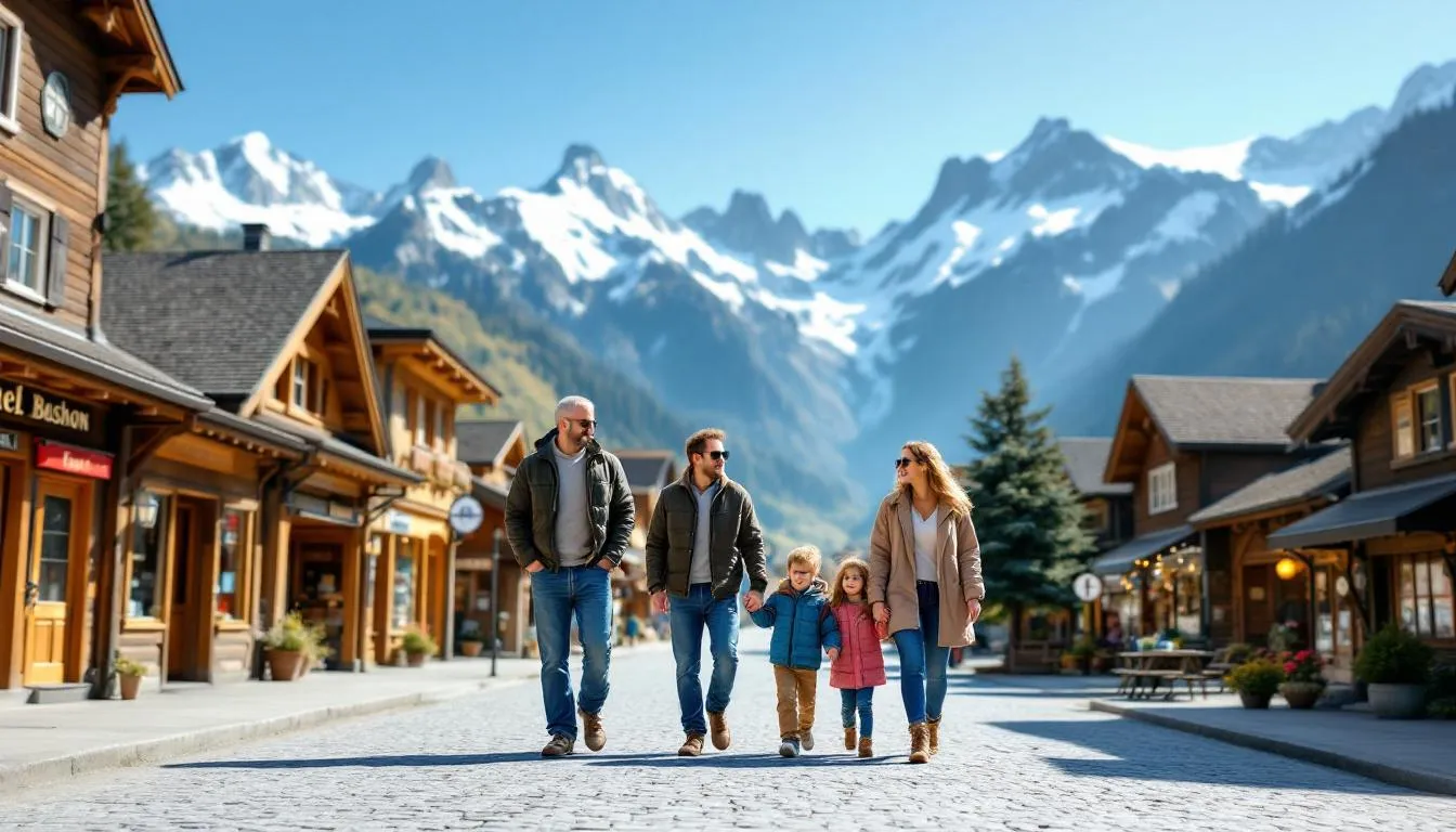 A family strolls through a quaint small town business district with mountains in the background.