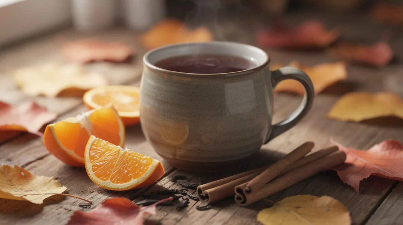 Kubek ciemnej herbaty pu-erh na drewnianym blacie wśród jesiennych liści, plastrów pomarańczy i lasek cynamonu