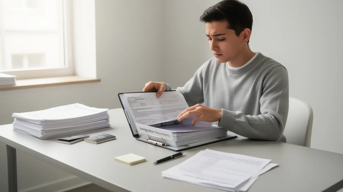 A person is organizing immigration documents in a folder, including a copy of their passport and various forms related to the autorización de regreso and residencia. The scene emphasizes the importance of having all necessary documentation in order for the immigration process.