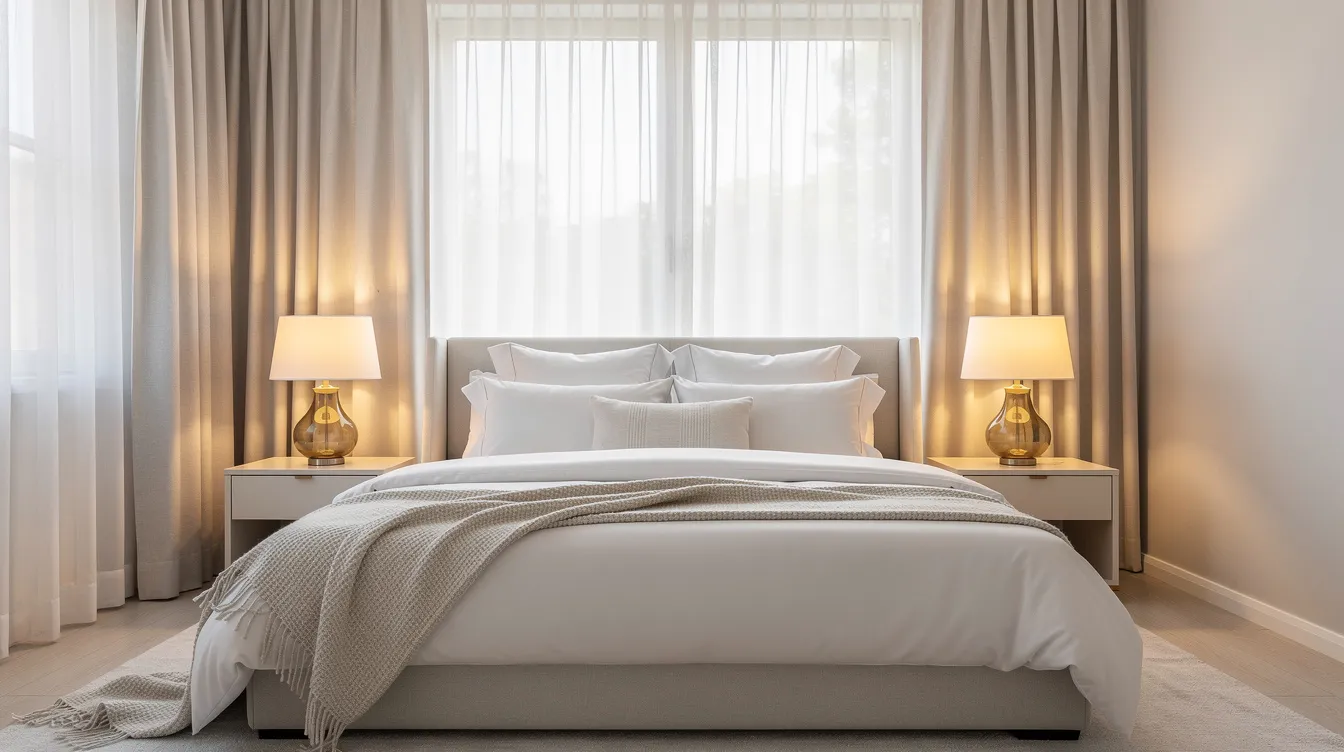The image depicts a beautifully staged bedroom featuring crisp white hotel-style bedding, a soft textured throw, and bedside lamps that emit a warm glow. Sheer curtains allow natural light to fill the space, creating a modern interior perfect for home staging in the greater Sacramento area.