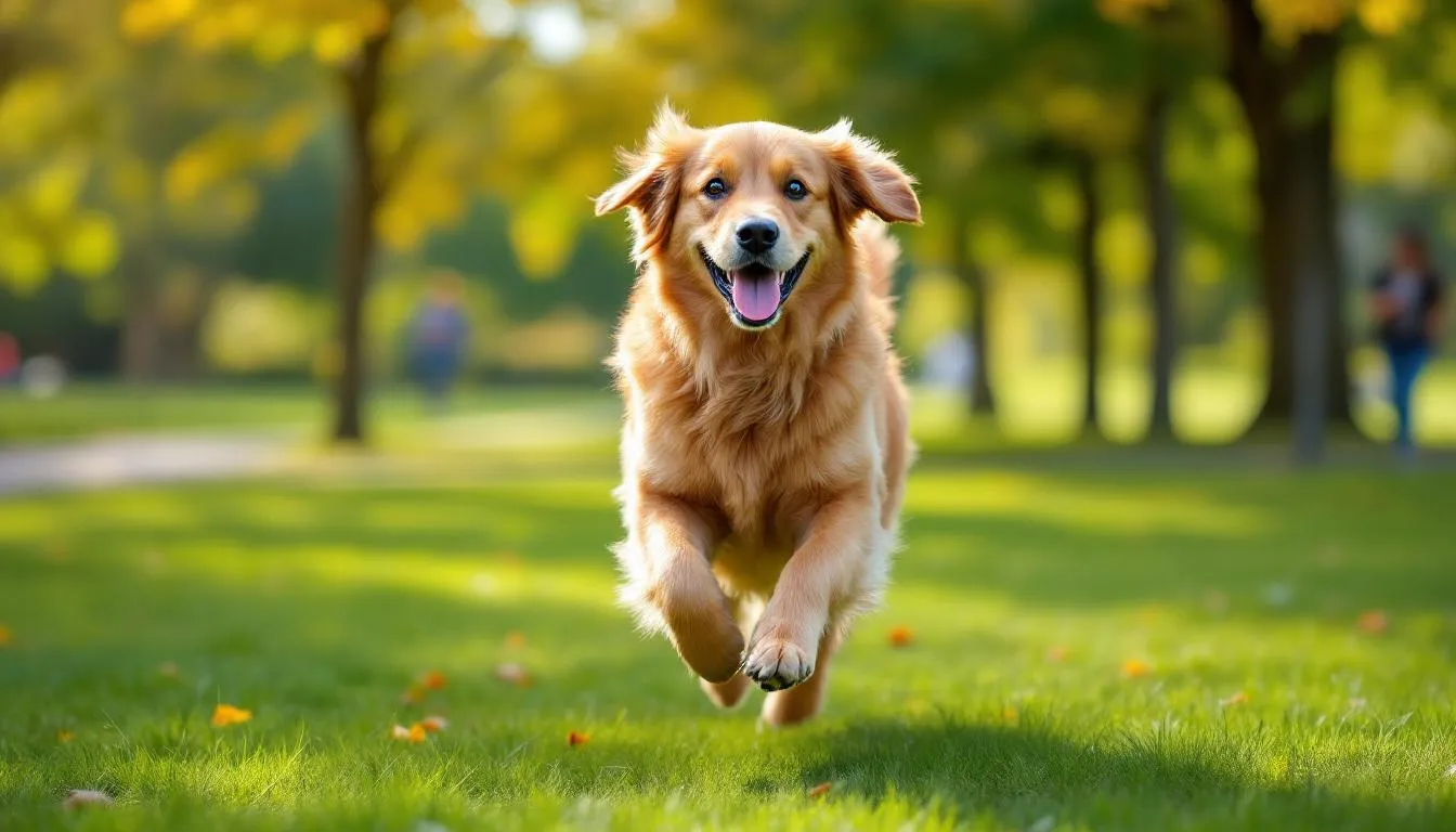 A joyful dog with a full, healthy coat is running playfully in a sunny park, showcasing its vibrant energy and well-maintained fur. The scene highlights the importance of a normal coat in a dog