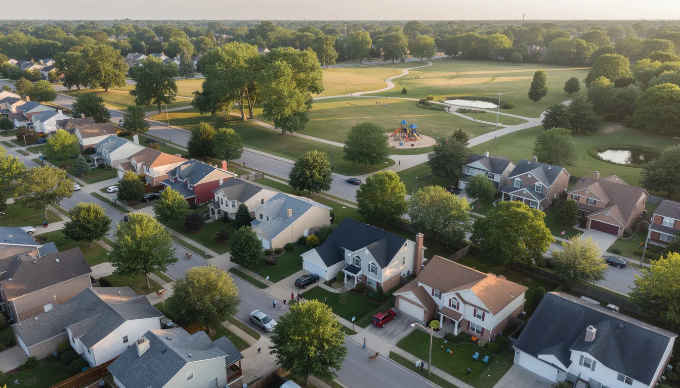 An aerial view of a residential neighborhood showcases tree-lined streets, with a park visible in the background, highlighting the charm and community feel of the area. This inviting scene reflects the attractive properties available for buyers, making it an ideal location for families and real estate agents alike.