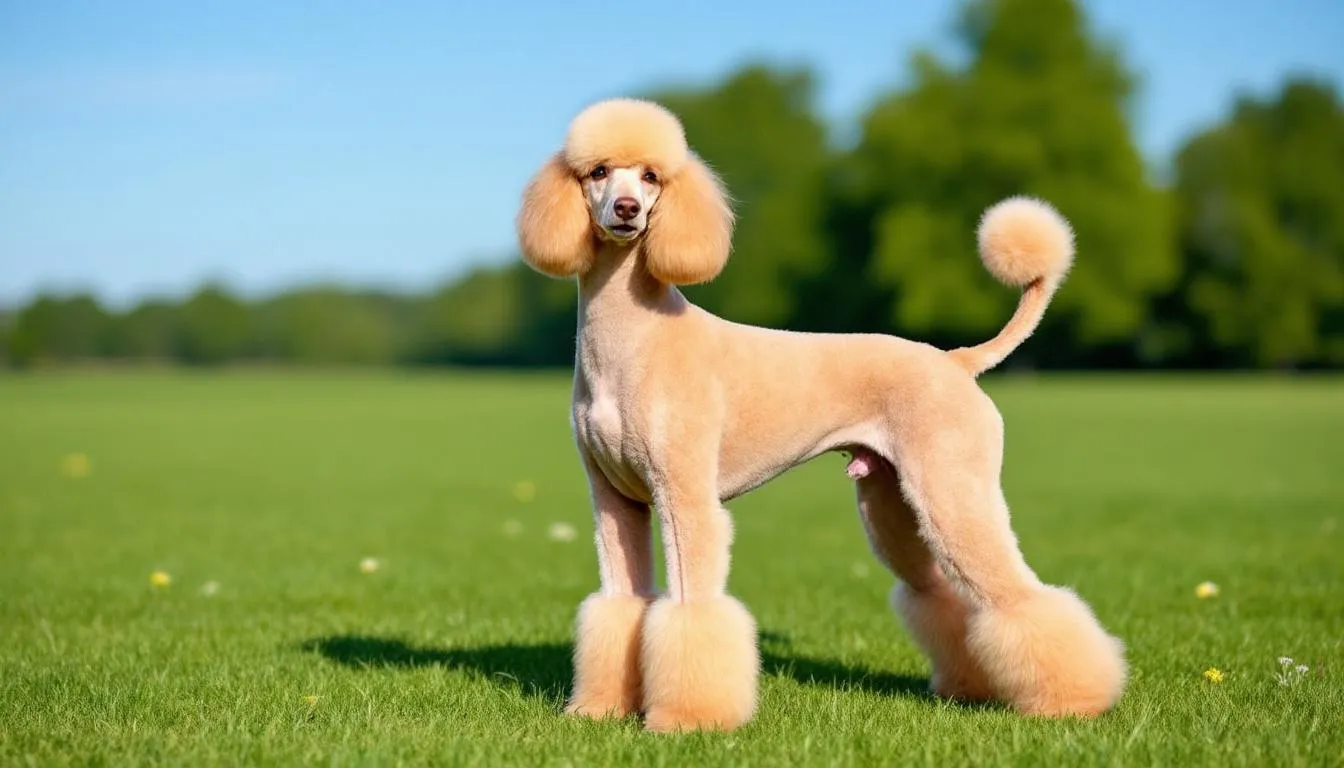 A standard poodle with a traditional show clip stands proudly in a grassy field, showcasing its curly coat and elegant posture. The dog