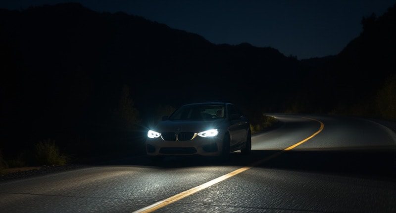 A car driving on a dimly lit road at night with its 6000K headlights 