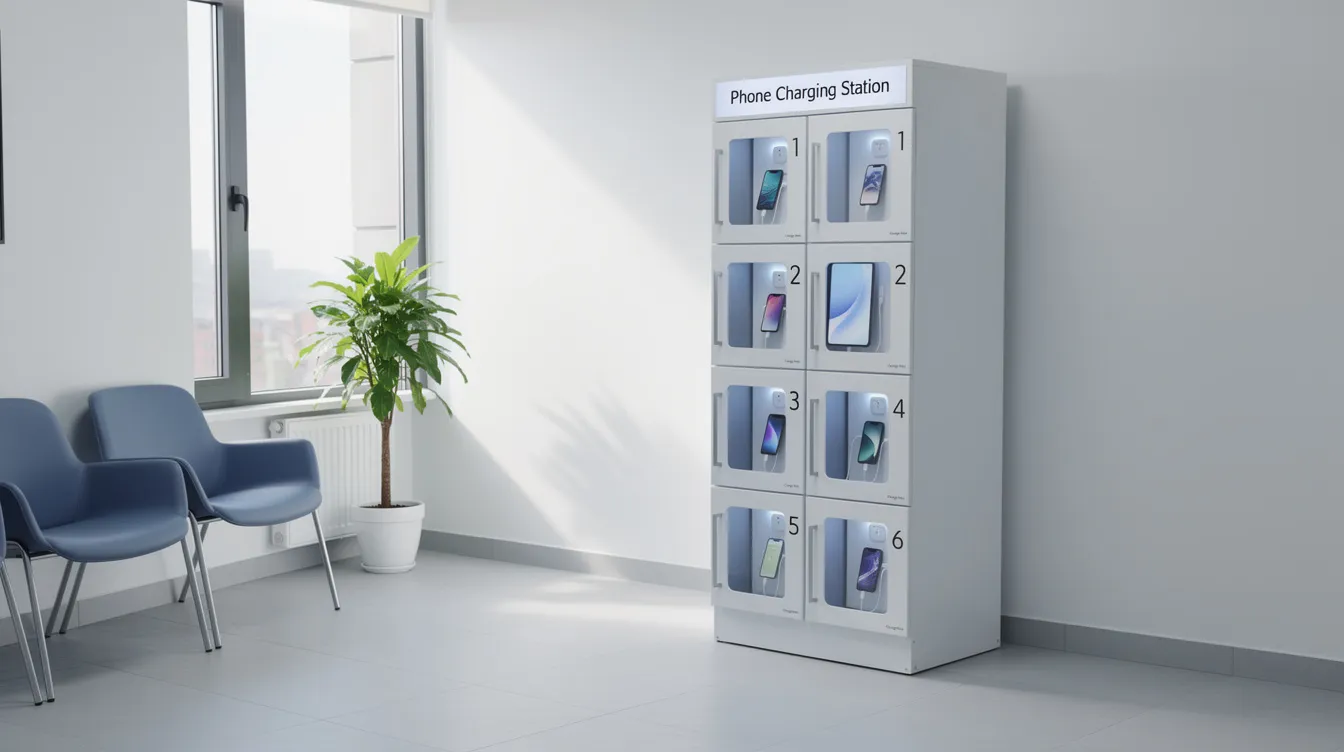 The image depicts a modern phone charging station with multiple compartments, located in a clean clinical waiting area of a healthcare center. This charging station provides a secure and efficient storage solution for patient belongings, ensuring patient safety and compliance with regulations in a community health center environment.