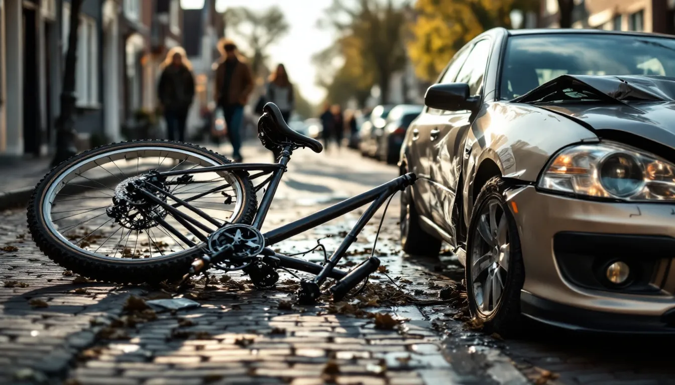 Liability: When Are You Responsible for Damage and How Do You Deal with It? 2 De afbeelding toont een beschadigde fiets en auto na een verkeersongeval op een Nederlandse straat. Het ongeval heeft geleid tot schade aan beide voertuigen, wat kan resulteren in aansprakelijkheid en mogelijke schadeclaims voor de betrokken partijen.