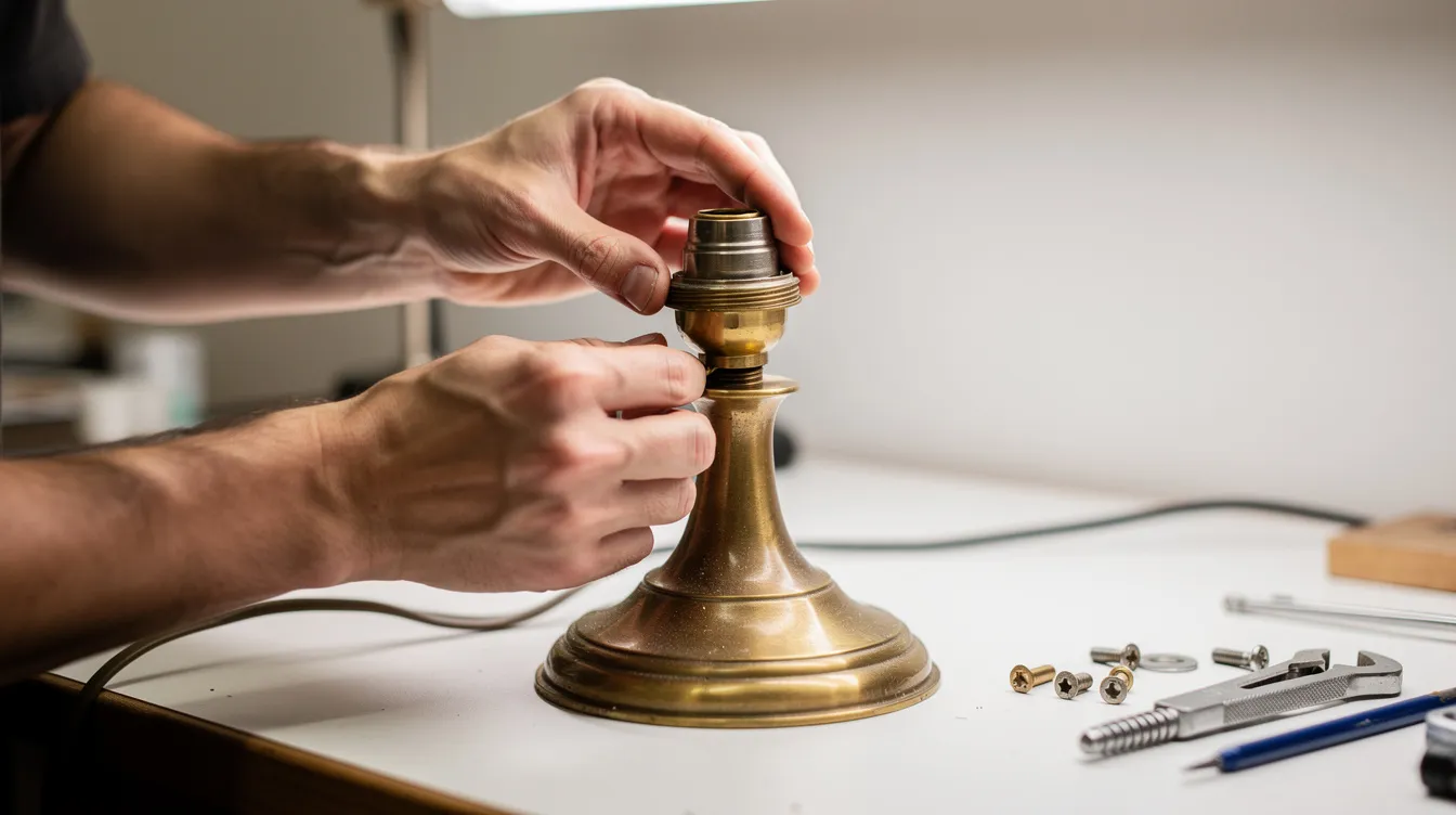 En person byter försiktigt ut en lamphållare på en vintage mässingslampa vid ett välbelyst arbetsbord. Händerna arbetar med precision för att säkerställa att de rätta delarna passar ihop för att återställa belysningen.