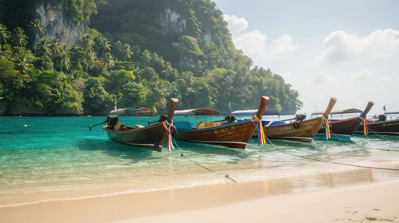 Ein tropischer Strand in Thailand zeigt türkisblaues Wasser, das sanft an den feinen Sandstrand plätschert, während hölzerne Longtail-Boote vor einer üppig grünen Küste liegen. Diese traumhafte Kulisse ist ein ideales Reiseziel für Reisende, die Ruhe und die Schönheit der thailändischen Natur erleben möchten.