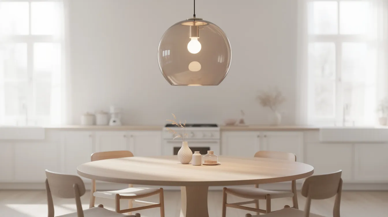 En elegant rund taklampa i glas hänger över ett runt matbord i ett ljust kök, vilket skapar en modern och inbjudande atmosfär. Lampan sprider ett mjukt ljus och passar perfekt in i rummet, vilket gör den till en populär belysningslösning.