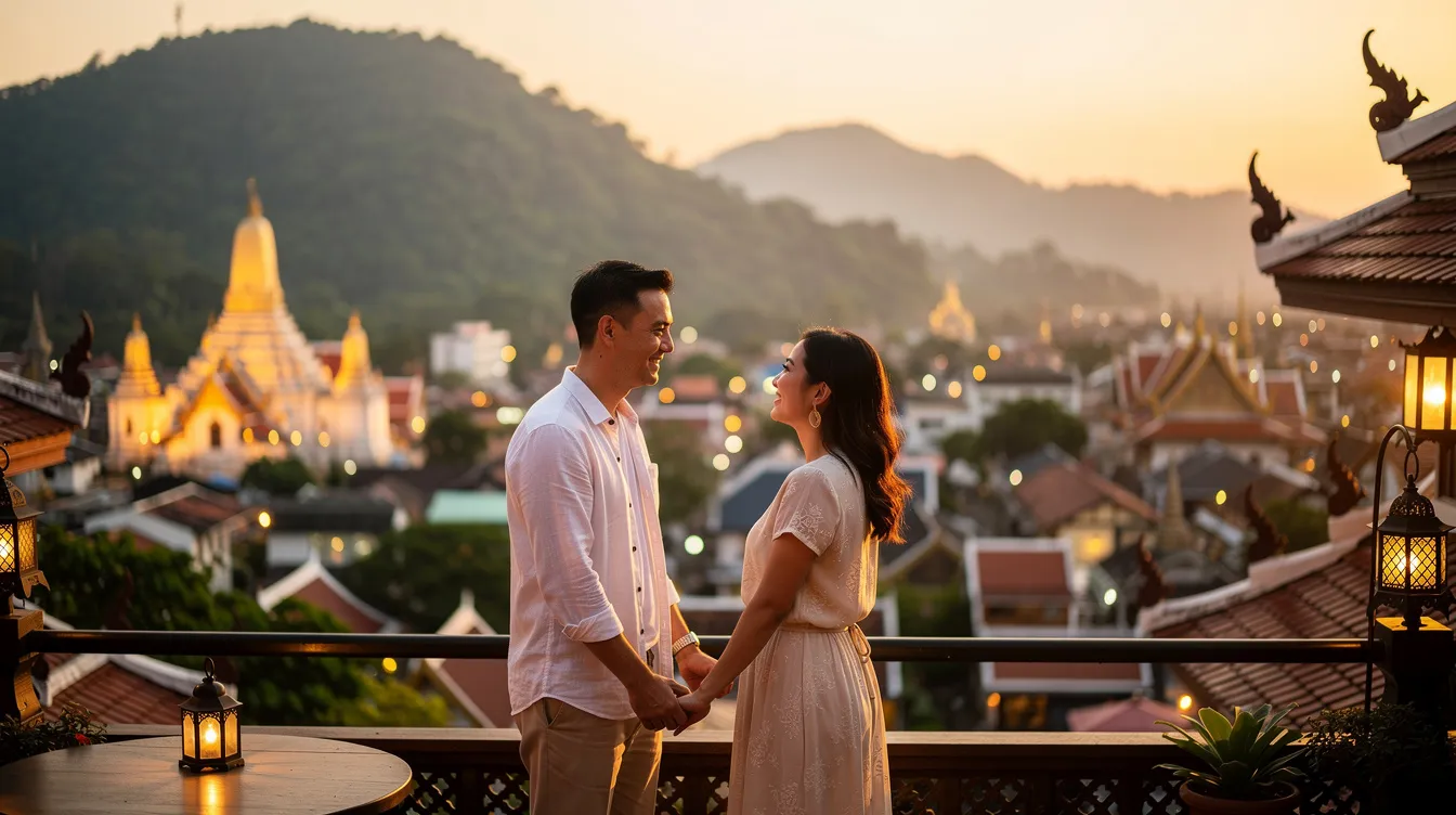 Imagem de um casal em lua de mel em Chiang Mai, Tailândia, rodeado por belos templos budistas e vegetação tropical. O cenário reflete a rica cultura tailandesa, com um toque romântico ideal para uma viagem inesquecível.
