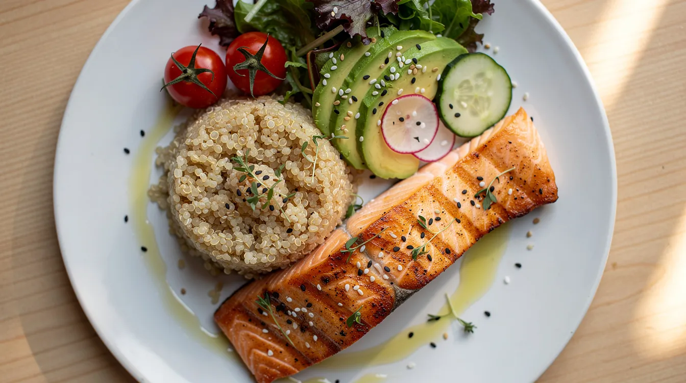 L'image montre une assiette colorée remplie de légumes frais, de quinoa et de saumon grillé, illustrant une alimentation saine et équilibrée, idéale pour les femmes atteintes de SOPK. Ce plat riche en oméga 3 et en protéines peut aider à gérer la résistance à l'insuline et à maintenir un indice glycémique bas.