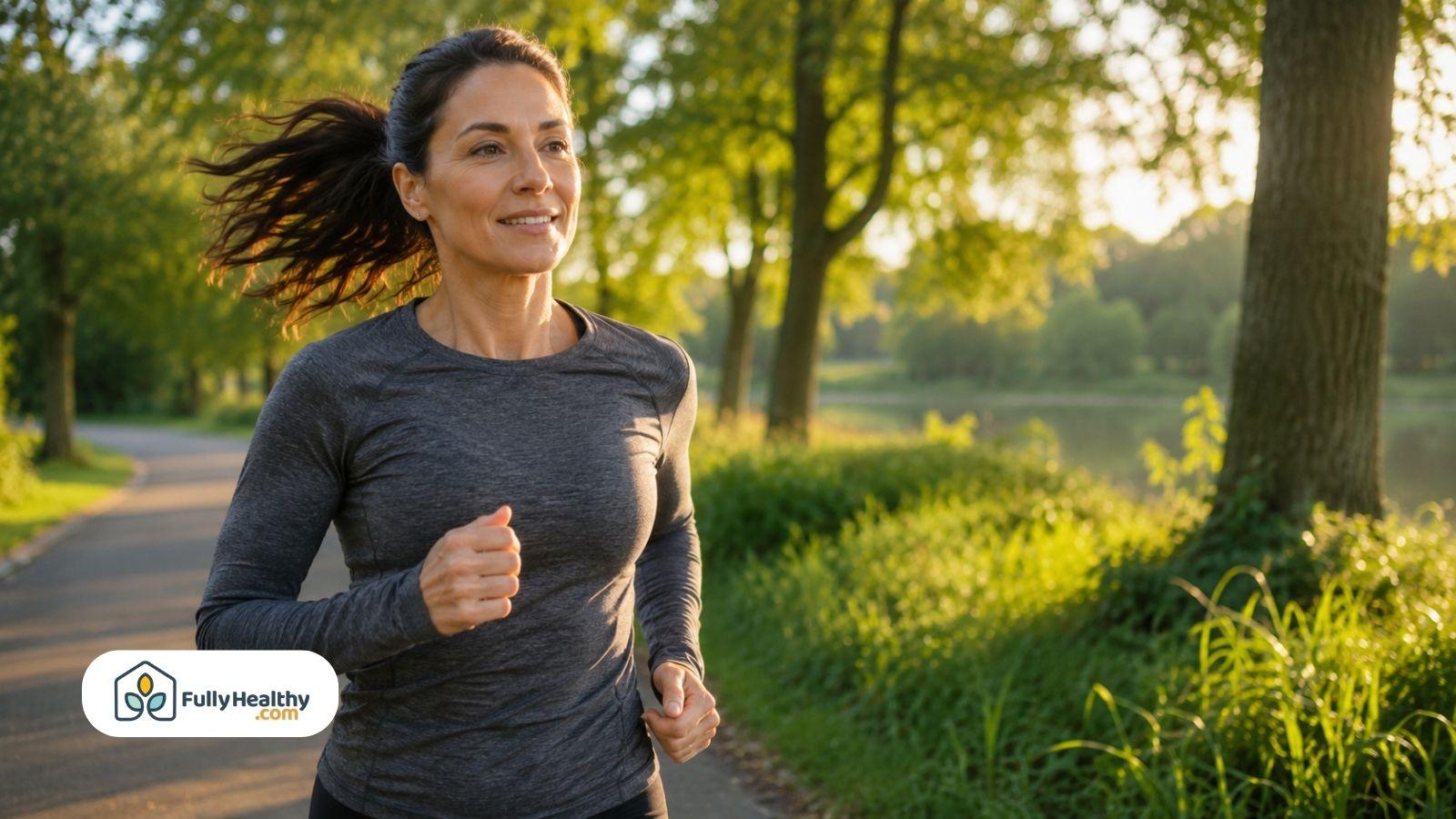 Woman jogging outdoors during sunrise supporting healthy lifestyle and everyday wellness habits naturally