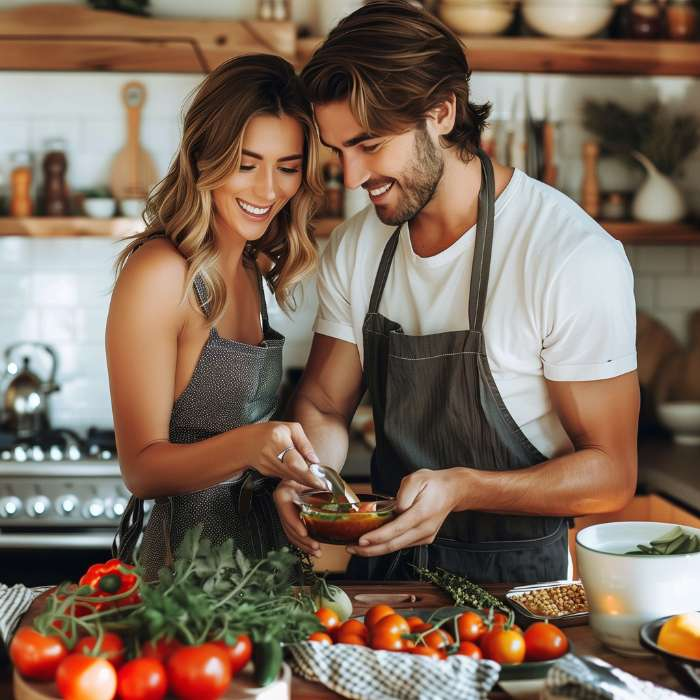 A radiant couple engaged in making a healthy meal with ingredients that complement A.Vogel Multiforce alkaline powder, known for its magnesium hydrogenium phosphate acts and phosphate binding properties, which aid in reducing blood pressure and have a bowel cleansing effect when taken on an empty stomach, from The Good Stuff Health Shop.