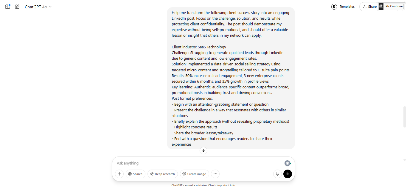 Input example showing case study details including challenge, solution, and results