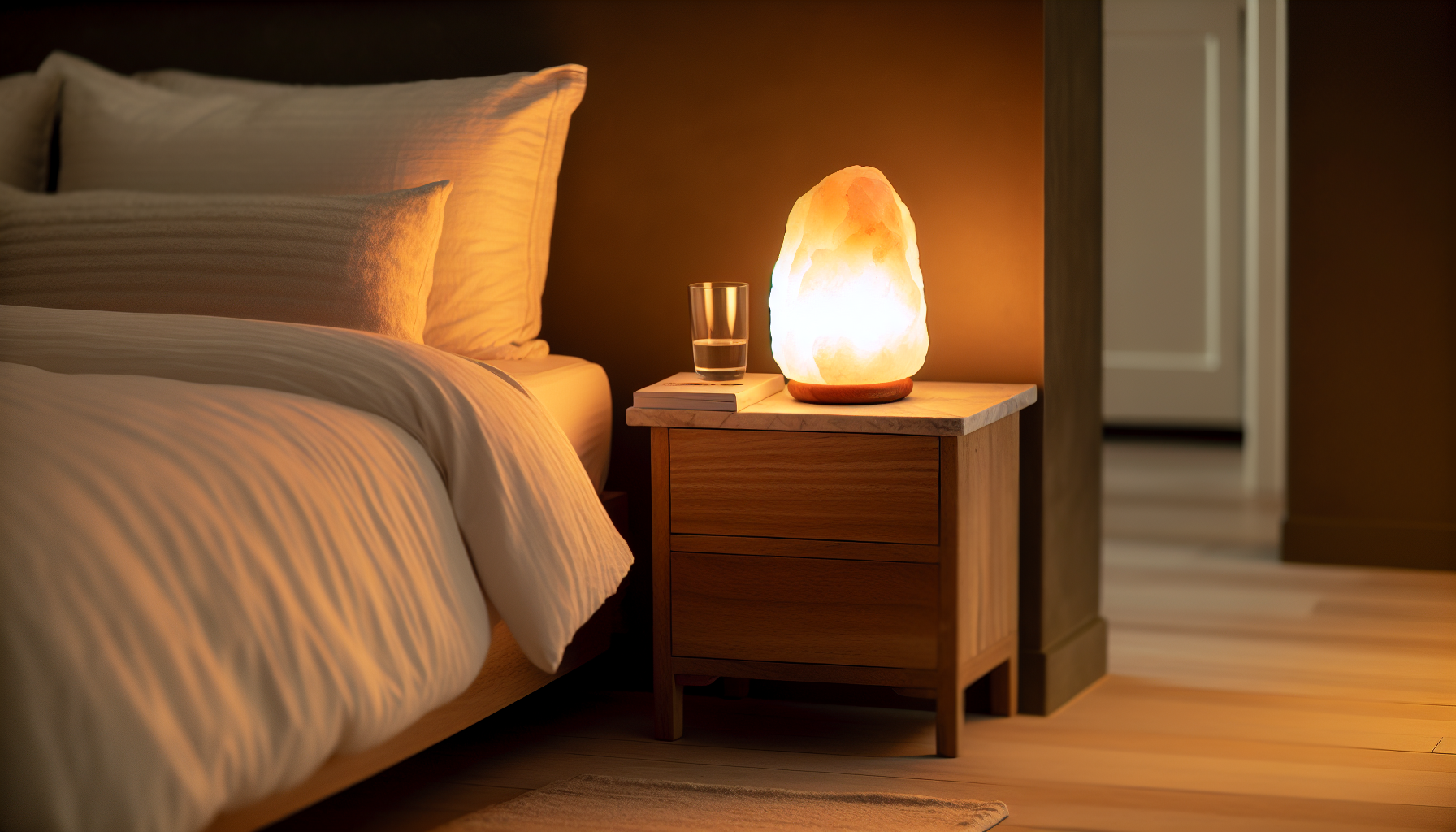 A serene bedroom with a white Himalayan salt lamp emitting a calming glow