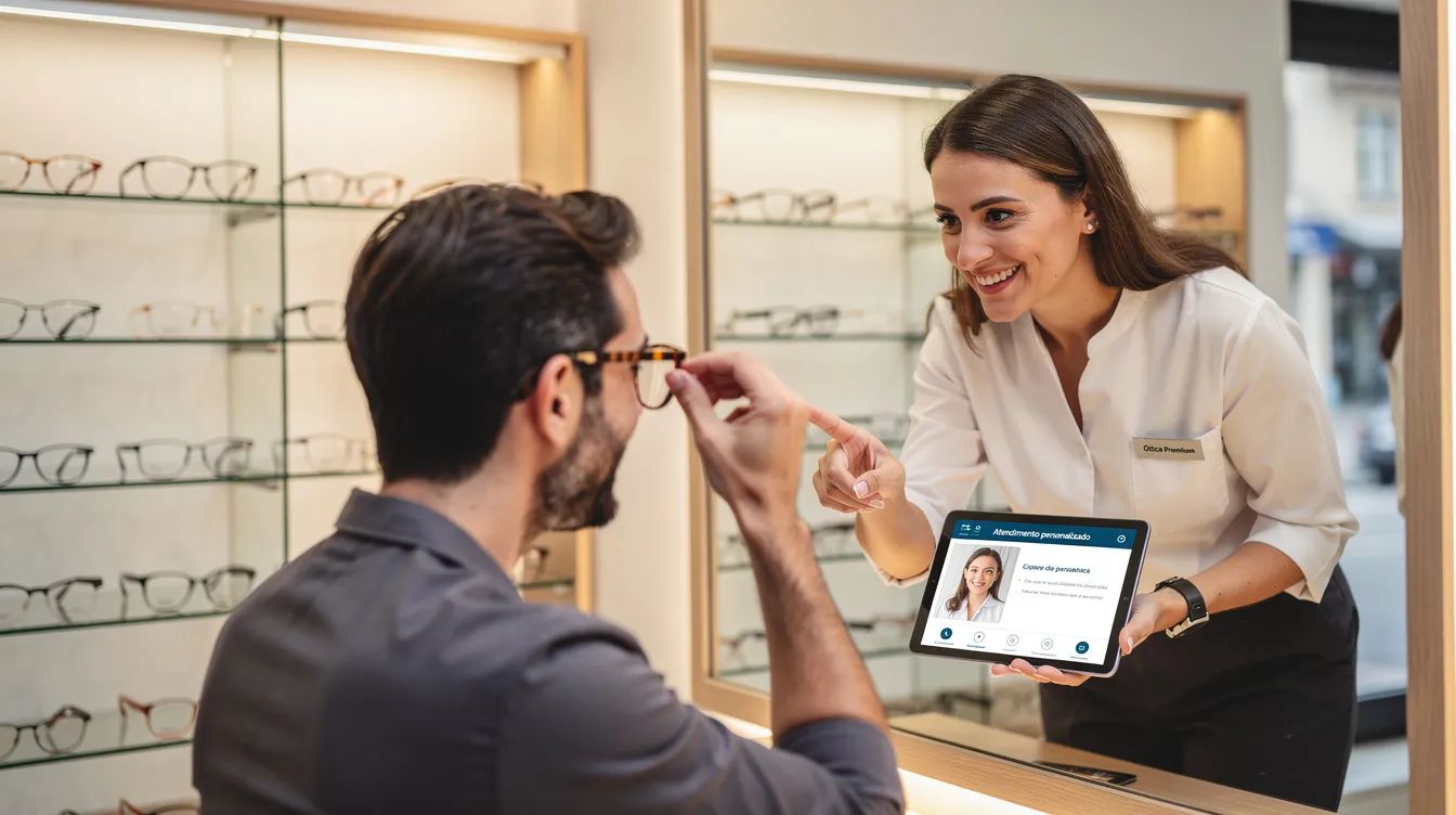 Uma pessoa está experimentando diferentes armações de óculos em uma ótica, recebendo atendimento personalizado de um profissional. O ambiente é acolhedor e apresenta várias opções de modelos, refletindo a tradição e a qualidade dos produtos oferecidos.