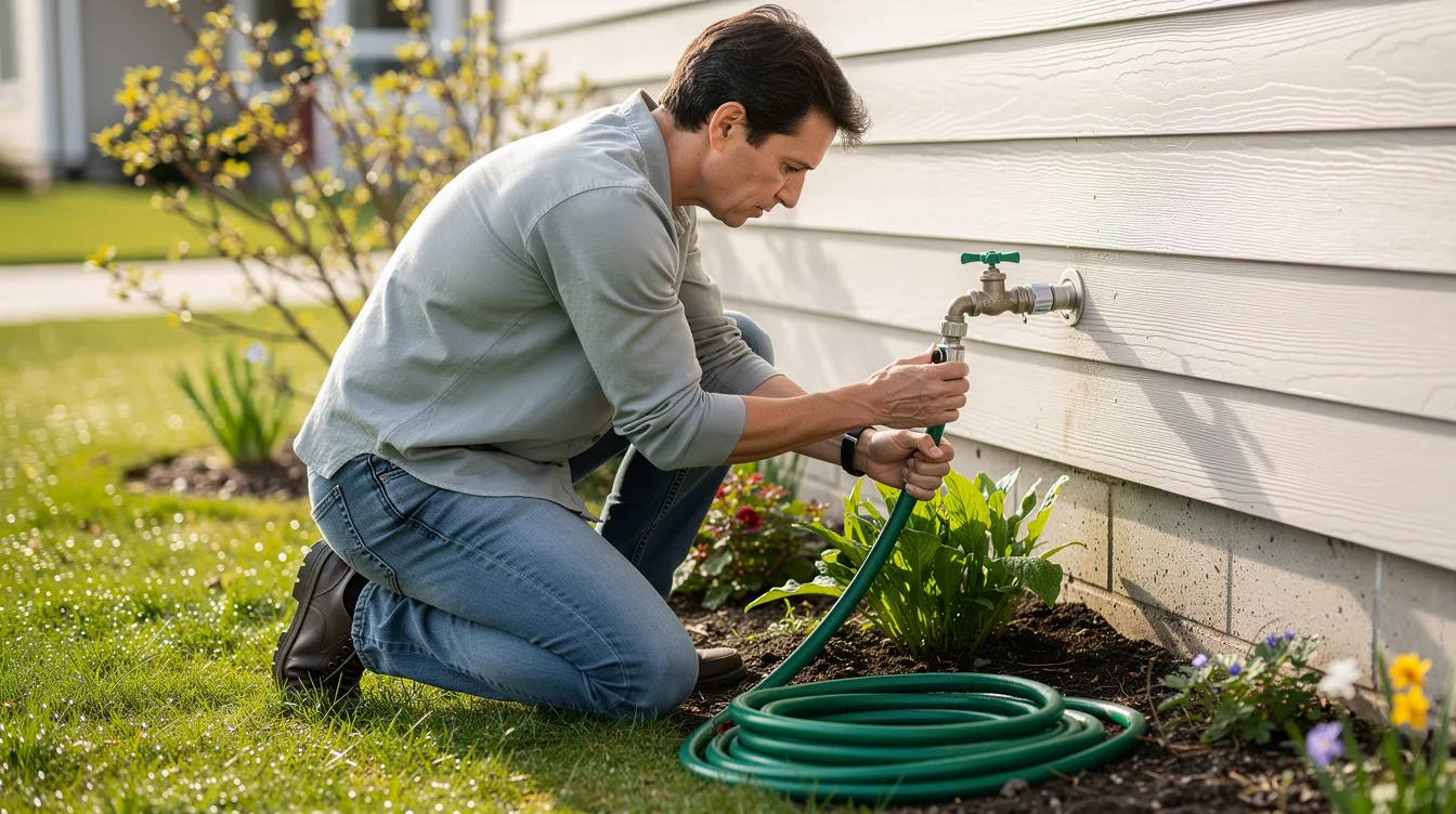 A homeowner is inspecting an outdoor garden hose spigot attached to the side of a house during springtime, ensuring proper maintenance of the plumbing system. This visual check helps prevent potential plumbing issues and costly repairs related to leaks or water flow.