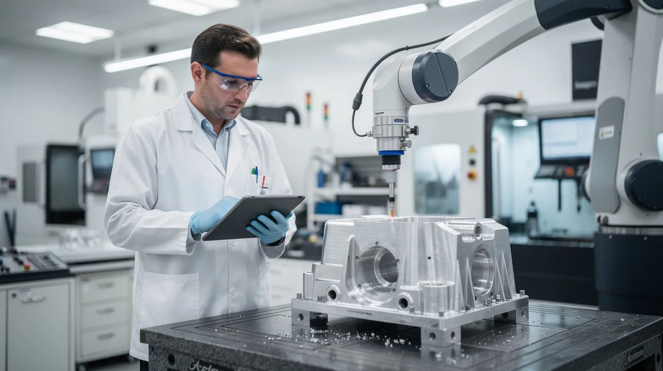 An aerospace engineer is closely inspecting a CNC machined titanium component with a coordinate measuring machine in a clean and organized manufacturing environment, highlighting the precision machining processes used in the aerospace industry. This inspection emphasizes the importance of tight tolerances and structural integrity for aerospace components.