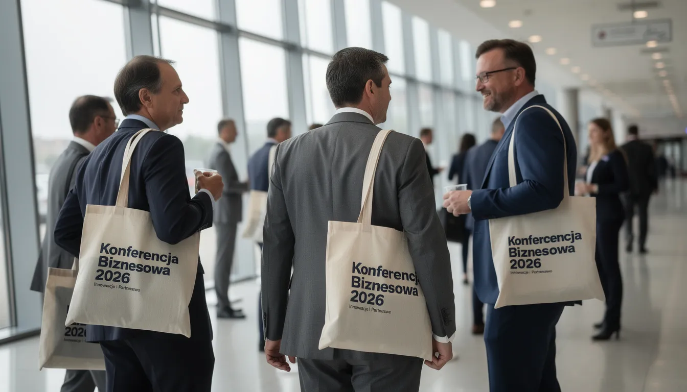 Na konferencji biznesowej grupa ludzi niesie torby ekologiczne wykonane z materiałów bawełnianych z nadrukiem logo firmy, które stanowią praktyczne i estetyczne rozwiązanie do codziennych zakupów. Torby te, charakteryzujące się wytrzymałością i funkcjonalnością, są doskonałym nośnikiem reklamy oraz przyczyniają się do ochrony środowiska.