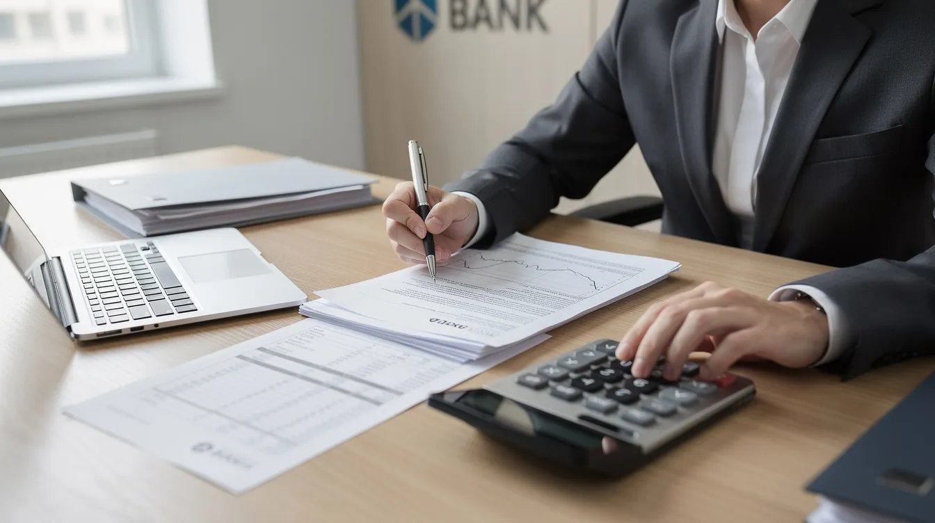 A bank officer is seated at a desk, meticulously reviewing financial documents, including bank statements and invoices, while using a calculator. The scene highlights the importance of tax compliance and accurate reporting for businesses, as the officer ensures all data aligns with the requirements of tax authorities.
