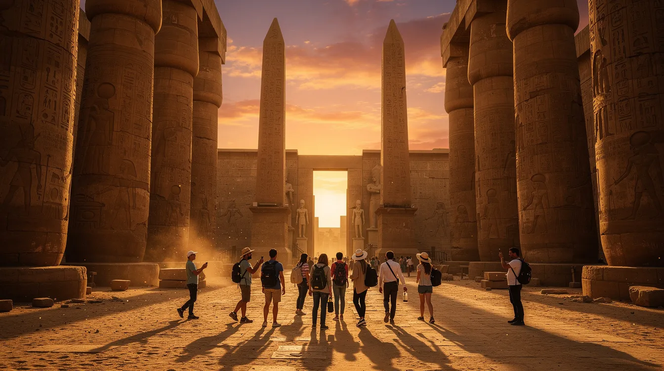 Imagem de um templo egípcio ao entardecer, com turistas caminhando em grupo, admirando a arquitetura antiga e as cores vibrantes do céu. A cena captura a atmosfera mágica de uma viagem ao mundo dos destinos exóticos, perfeita para quem busca novas experiências e aventuras.