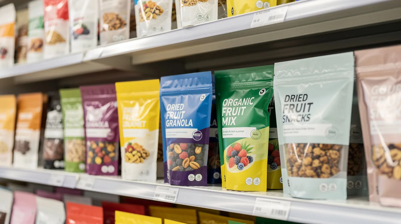 920897ca 1806 4515 ba2c 1d5d08c24839 The image showcases a retail display shelf filled with a variety of sealed food product pouches, including packages of flattened rice and poha, highlighting the importance of packaging in maintaining product quality and shelf life. The stand-up packaging is designed for easy visibility and access, reflecting the efficiency of the poha manufacturing process.