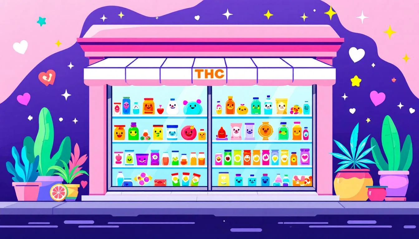 A storefront displaying various THC gummy products.