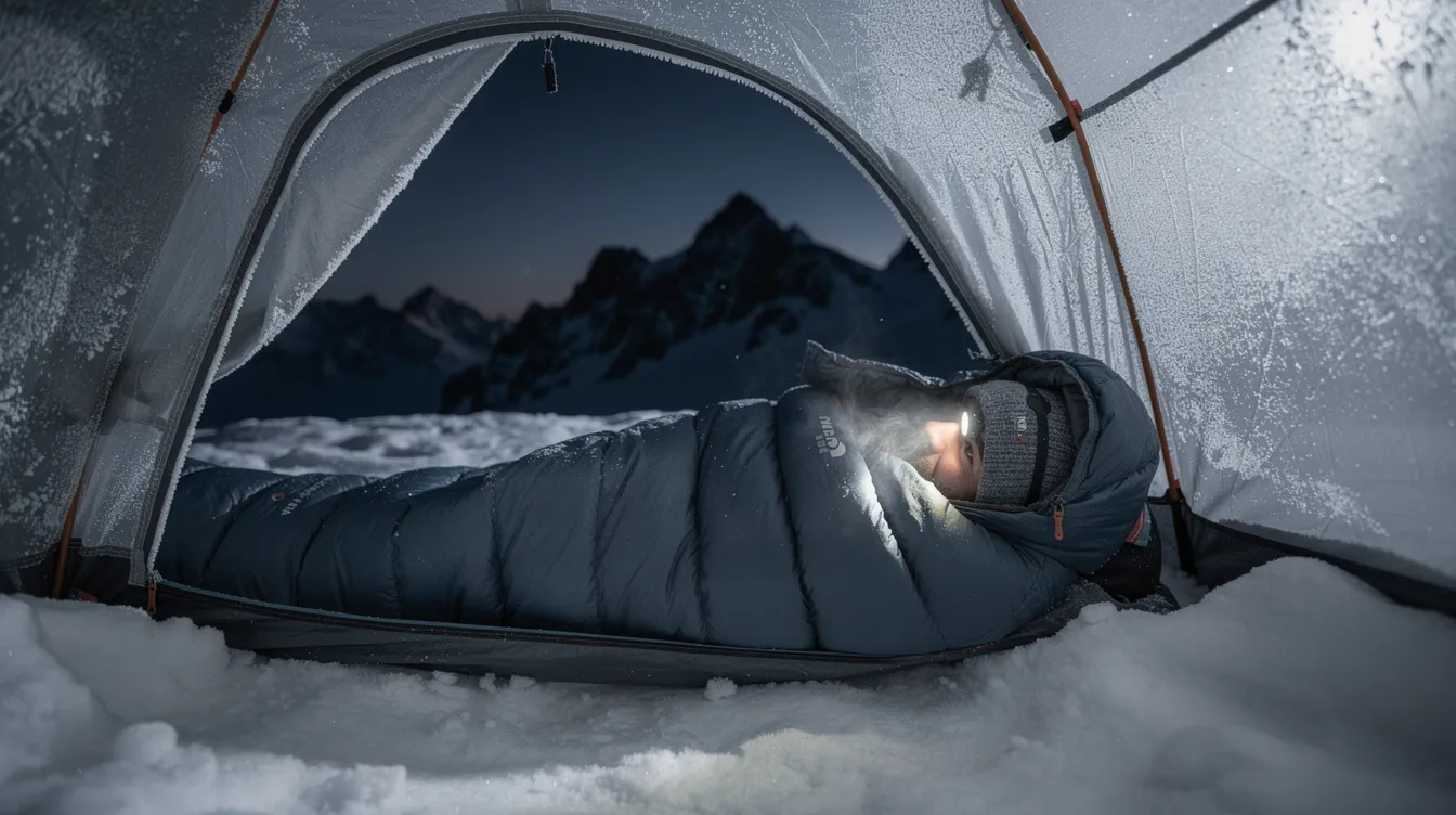 A mountaineer is nestled inside a lofted expedition sleeping bag, surrounded by a snowy high-altitude camp with frost covering the tent. This scene captures the essence of winter camping, showcasing the importance of a warm bag for staying comfortable on cold nights.