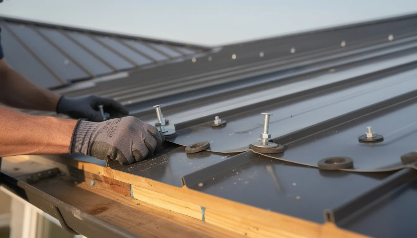 A close-up view shows long-run metal roofing sheets being installed on a residential roof in South Auckland, highlighting the use of premium roofing materials for improved energy efficiency. The image emphasizes the precision of the roofing contractor's work as part of a roof installation project.