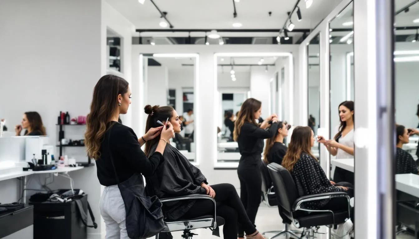 En un salón de belleza moderno, varios profesionales aplican técnicas de visagismo, enfocándose en resaltar la belleza natural de cada cliente a través del maquillaje, cortes de cabello y diseño de cejas, considerando las proporciones y características del rostro. La atmósfera refleja un ambiente de estilismo y arte, donde la atención se centra en la forma del rostro y los rasgos individuales de cada persona.