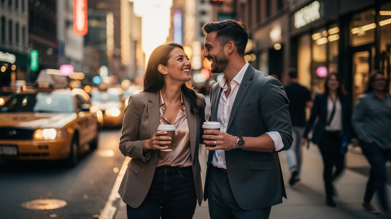 The image depicts young professionals in New York City engaging in meaningful conversations at a trendy café, reflecting the modern dating scene where career ambition and relationship goals intersect. This vibrant setting captures the essence of busy professionals seeking quality connections amidst the hustle of city life.